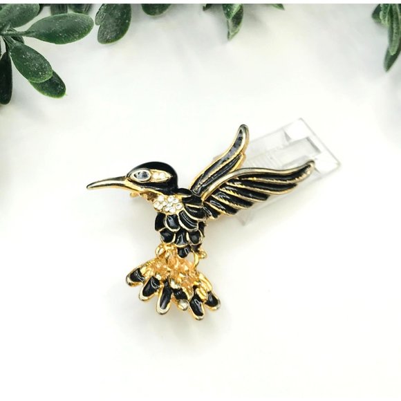 Vintage brooch gold tone sphinx black enamel bird - Picture 2 of 6